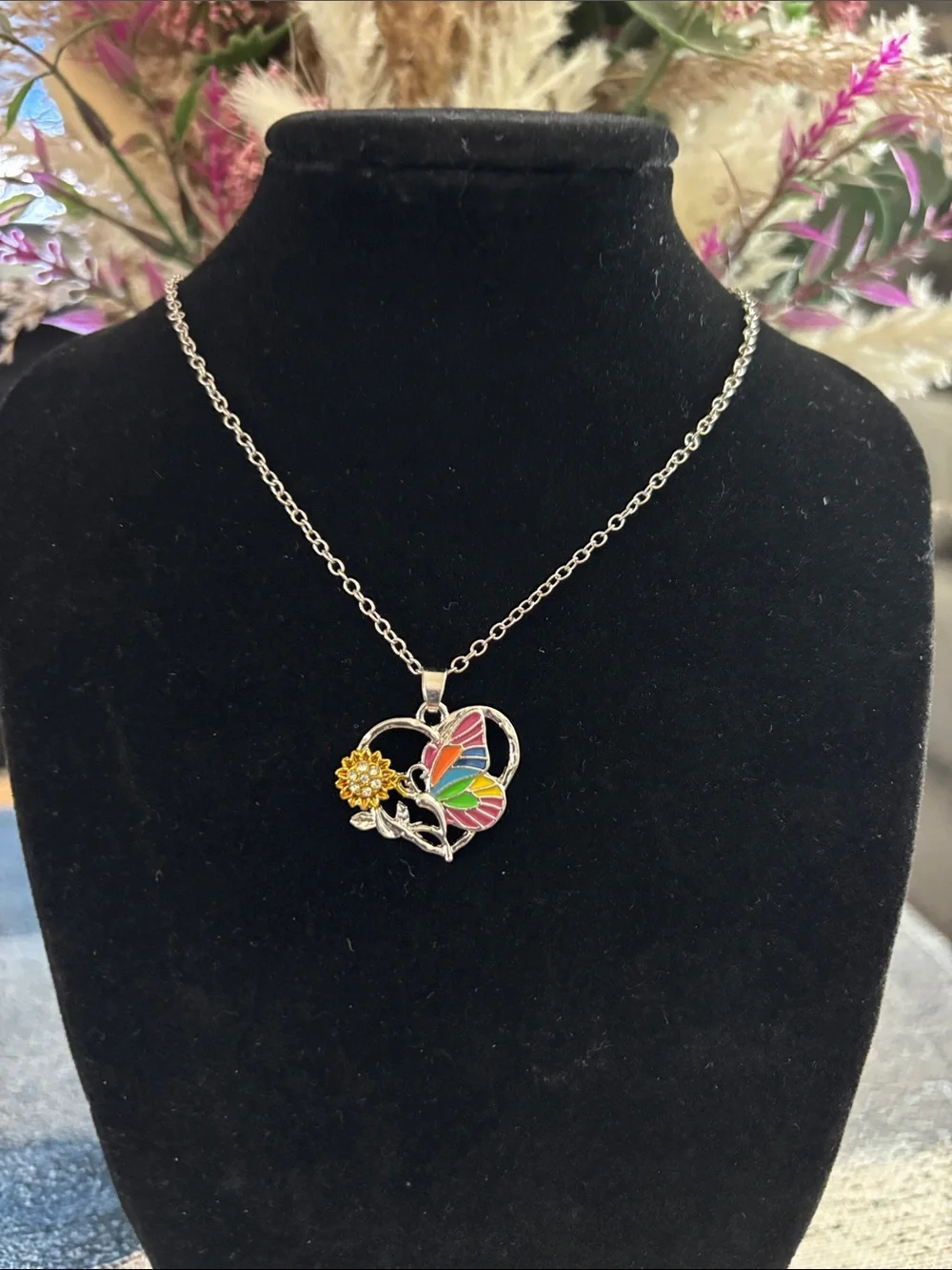 Silver Heart Pendant Necklace with Multicolor Butterfly and Yellow Flower - Picture 1 of 2